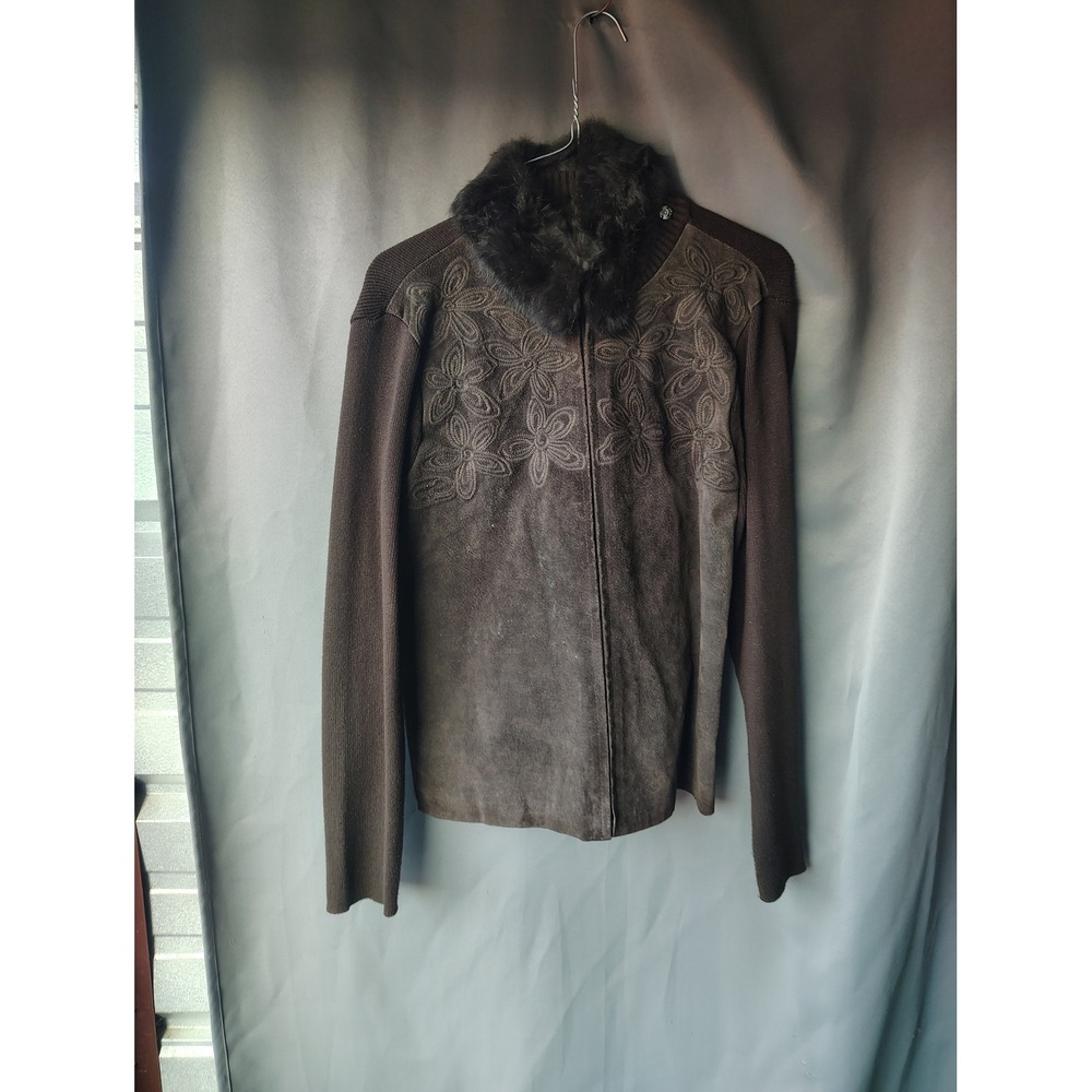 Escapade Brown Suede Knit Zip Up Cardigan Jacket Rabbit Fur Collar Floral Med M
